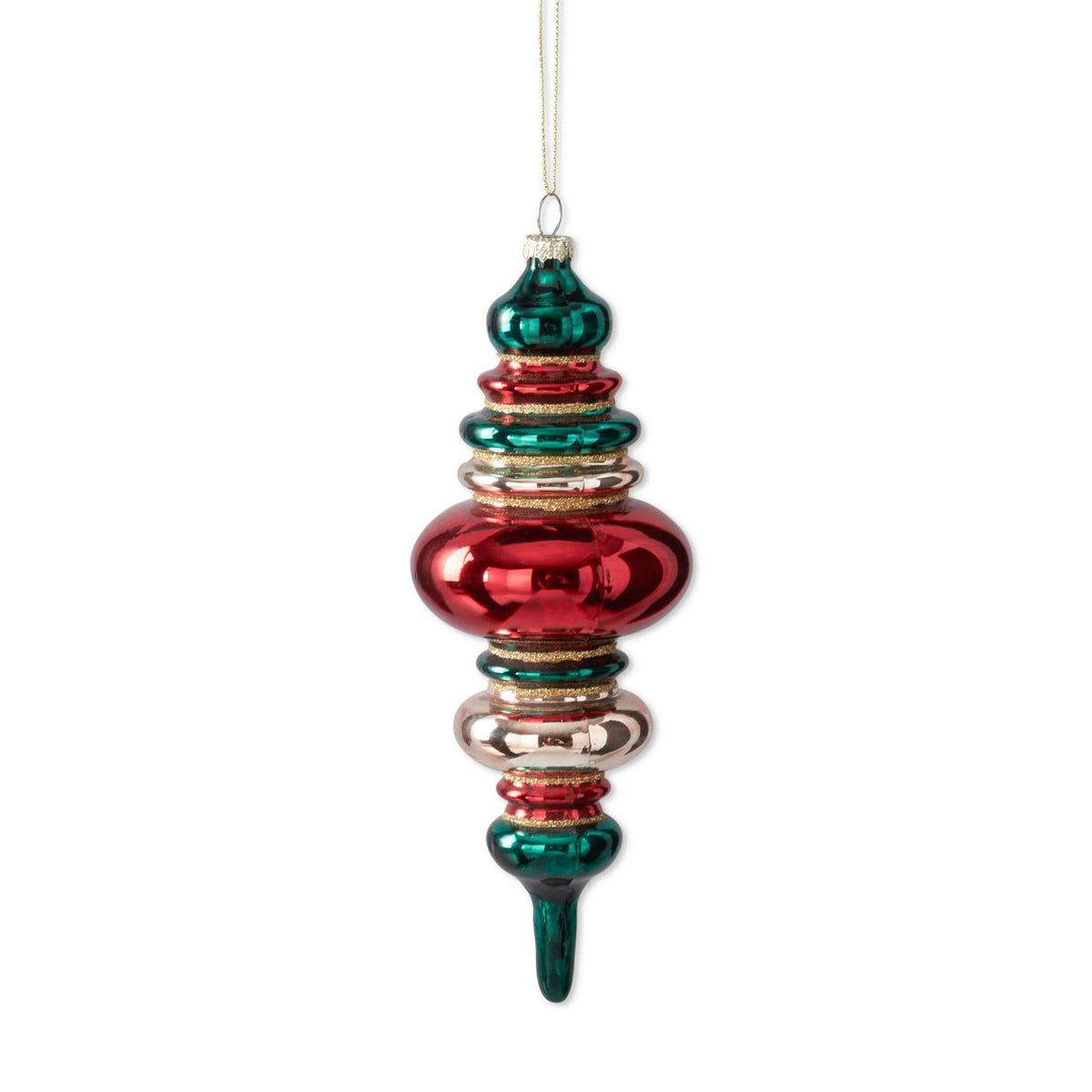 Red, gold, and green glass finial Christmas ornament with a tiered design and glitter accents.