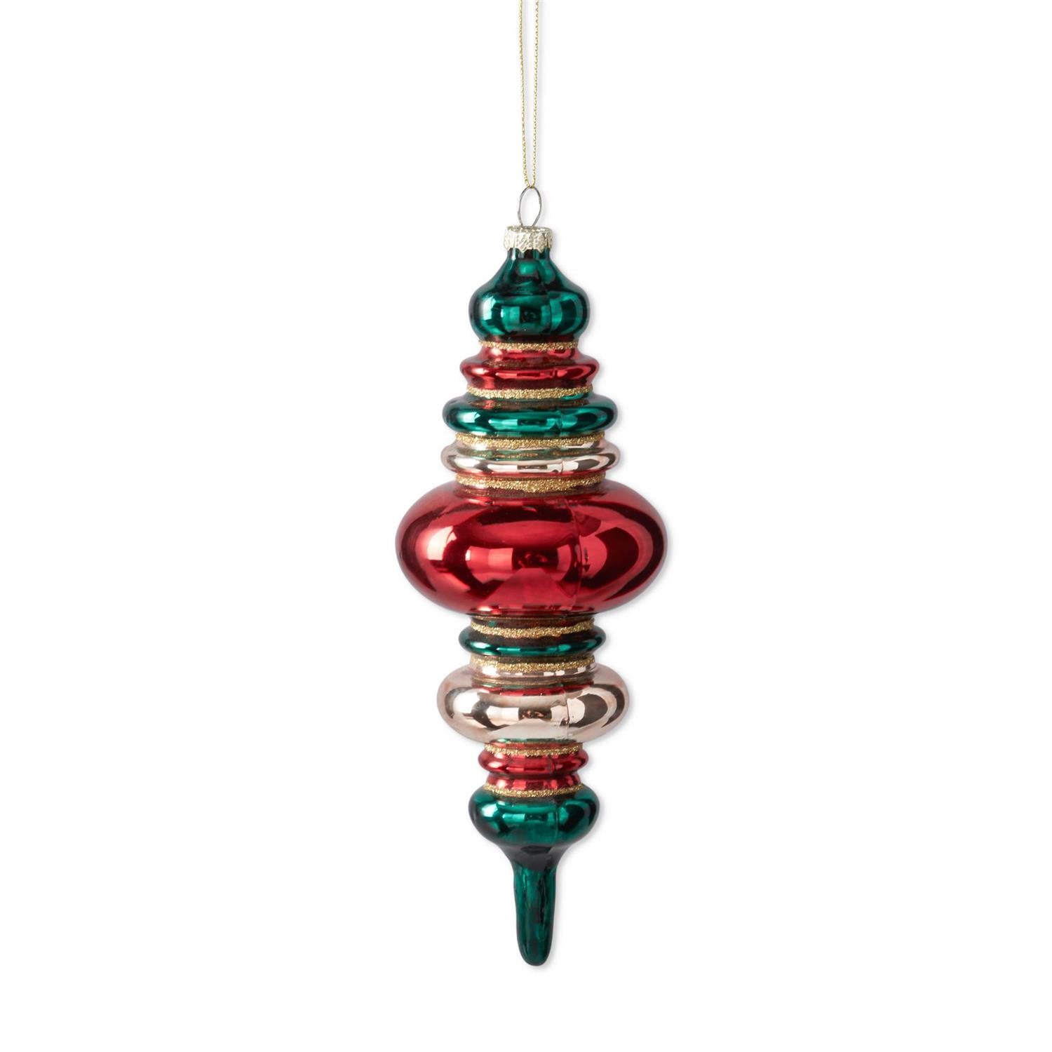 Red, gold, and green glass finial Christmas ornament with a tiered design and glitter accents.