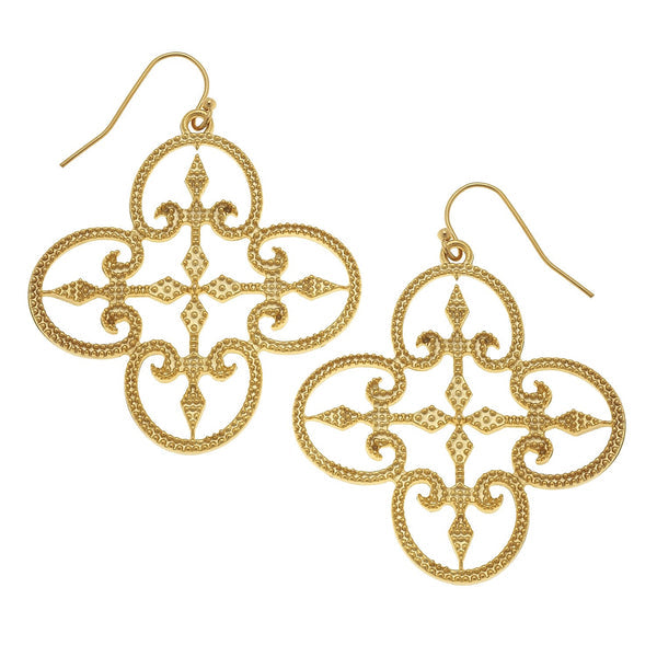 Filigree Clover Earrings in 24K gold plating with fish hook backs.