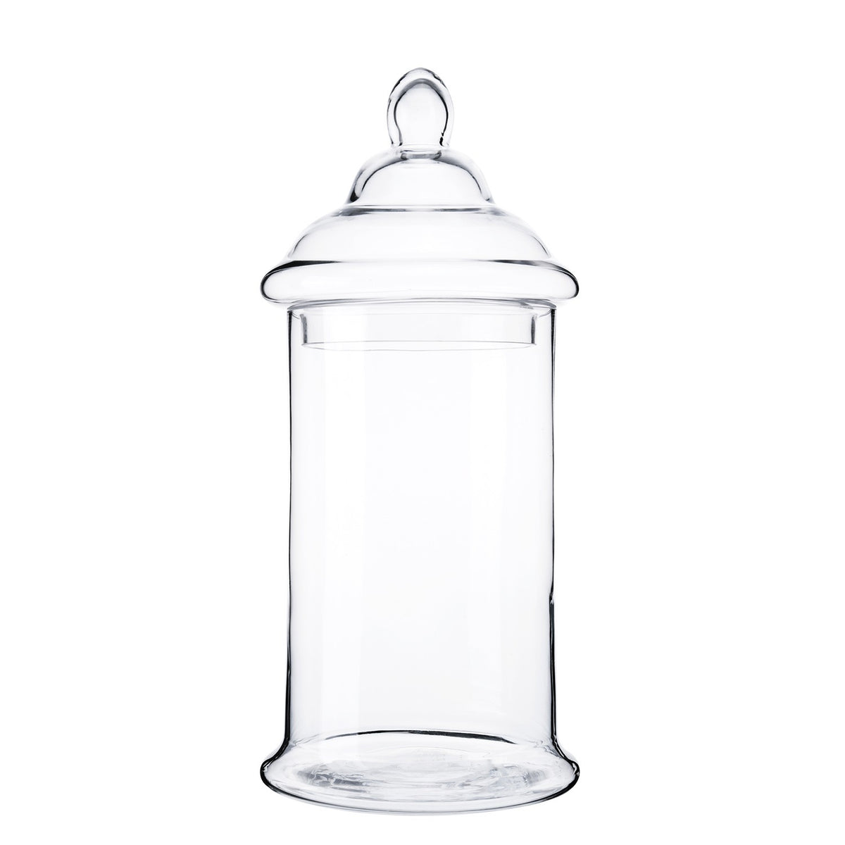 Clear glass apothecary jar with a tiered lid and decorative finial, 7.5 inches wide by 16.5 inches.