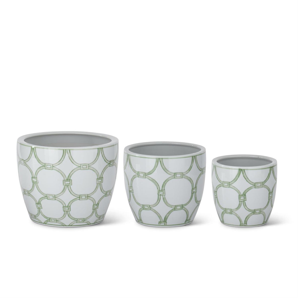 Set of three white ceramic pots with a green geometric link pattern in varying sizes.