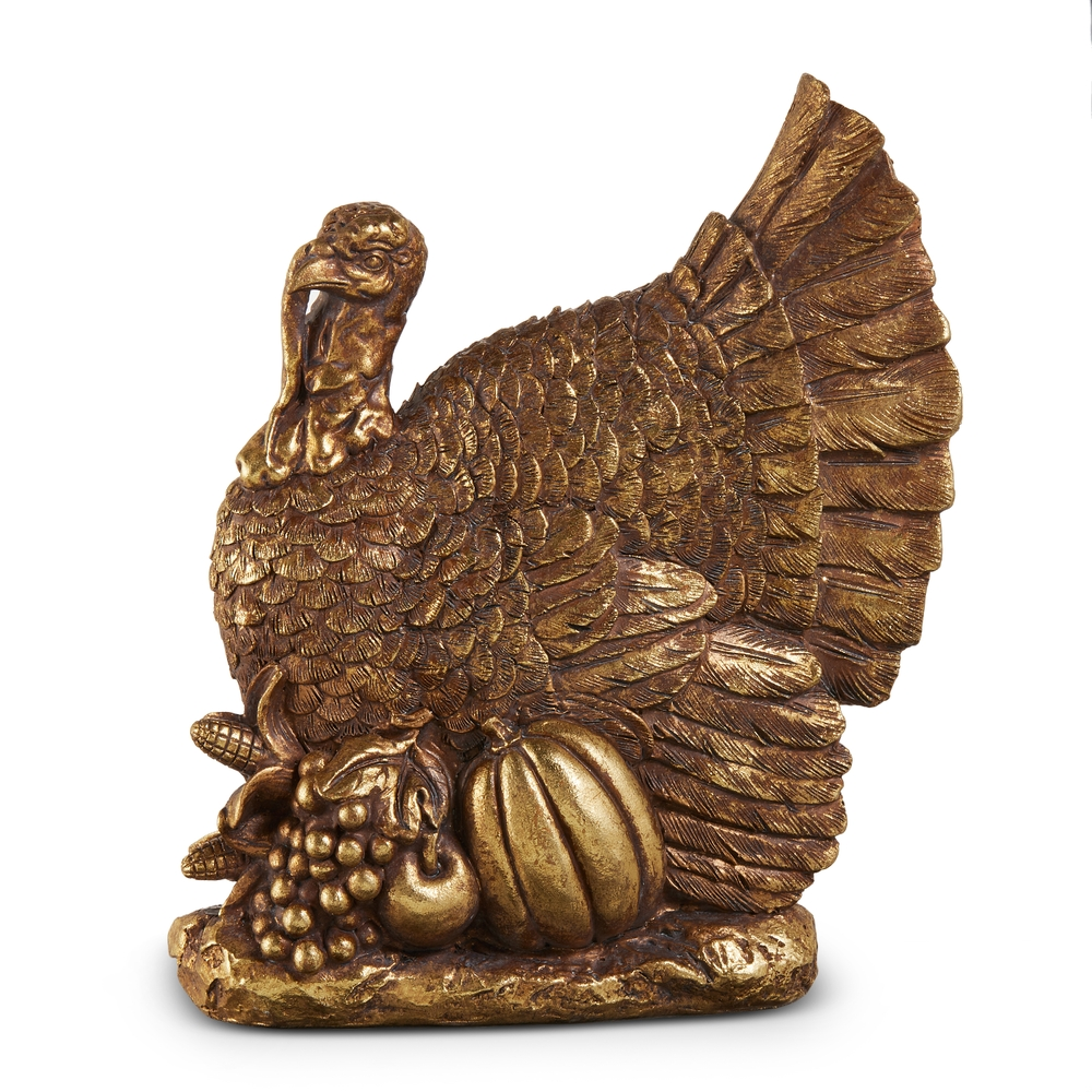8.5-inch antique gold turkey figurine with harvest pumpkins, corn, and grapes on a base.