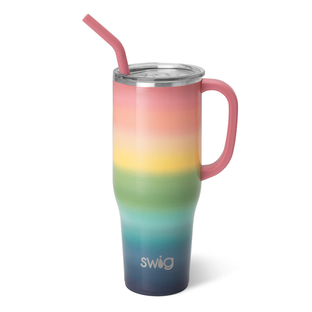 40oz Mega Mug in black with a comfort-grip handle, flexi-tip straw, and silicone base.