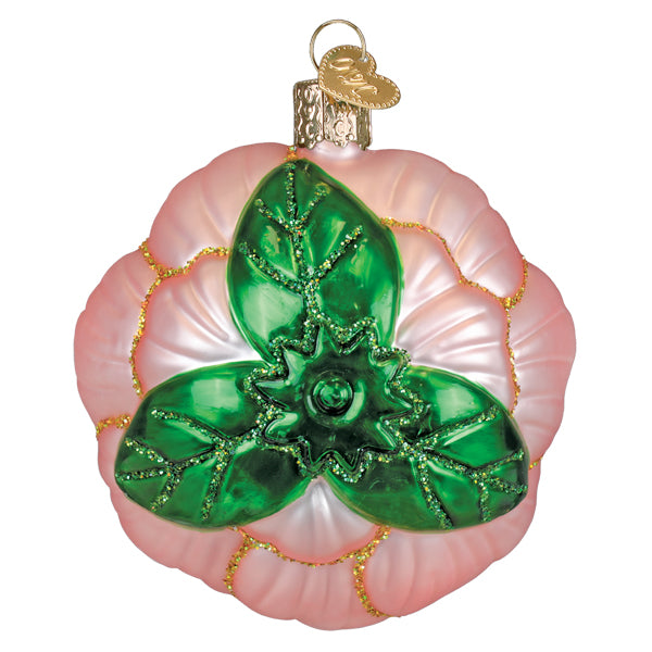 Pink glass peony Christmas ornament with green leaves and gold glitter accents.