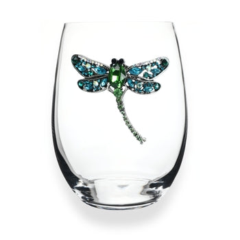 Clear stemless wine glass with jeweled embellishments around the rim
