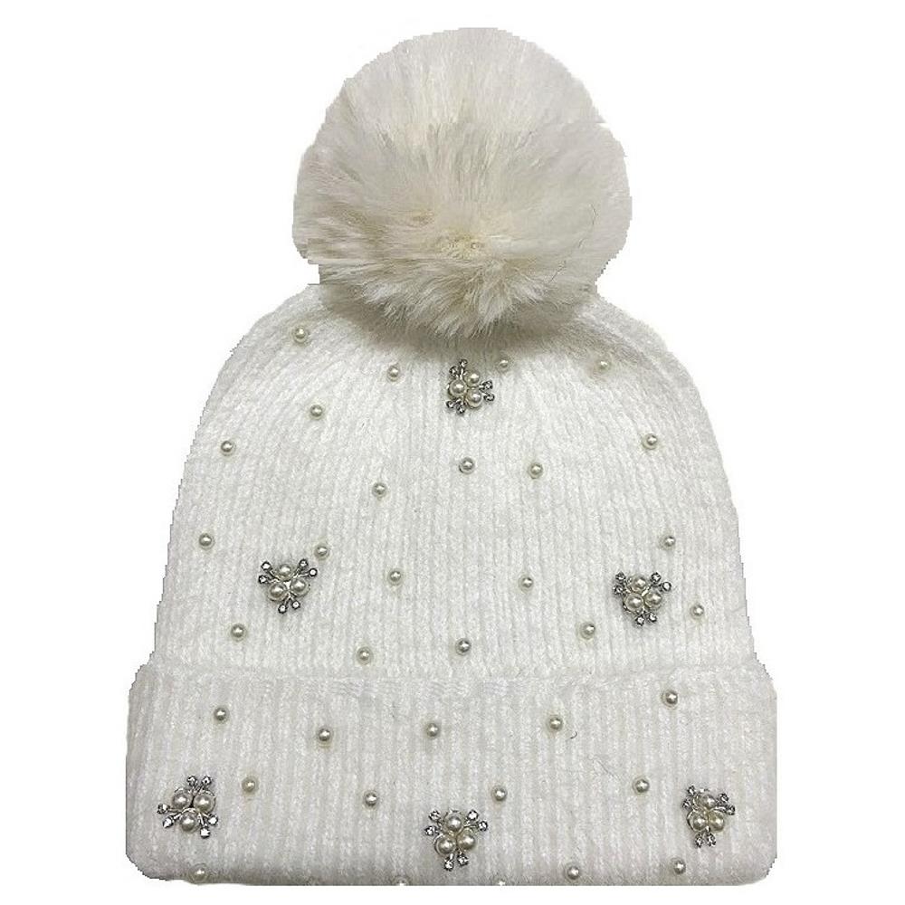 Black knit beanie with a fluffy pom-pom top and pearl studs along the brim.