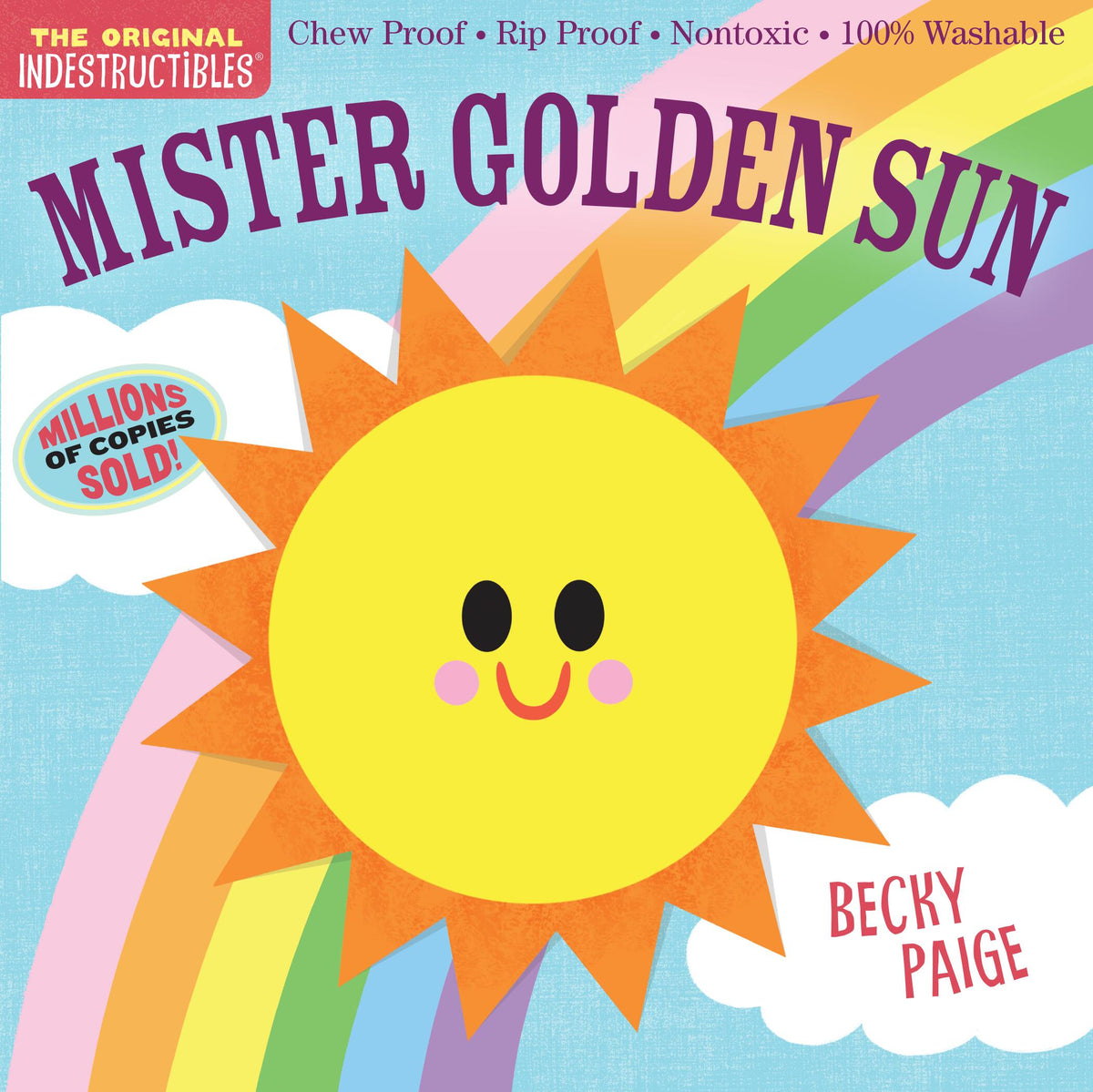 Indestructibles Mister Golden Sun book cover featuring a smiling sun and a rainbow.