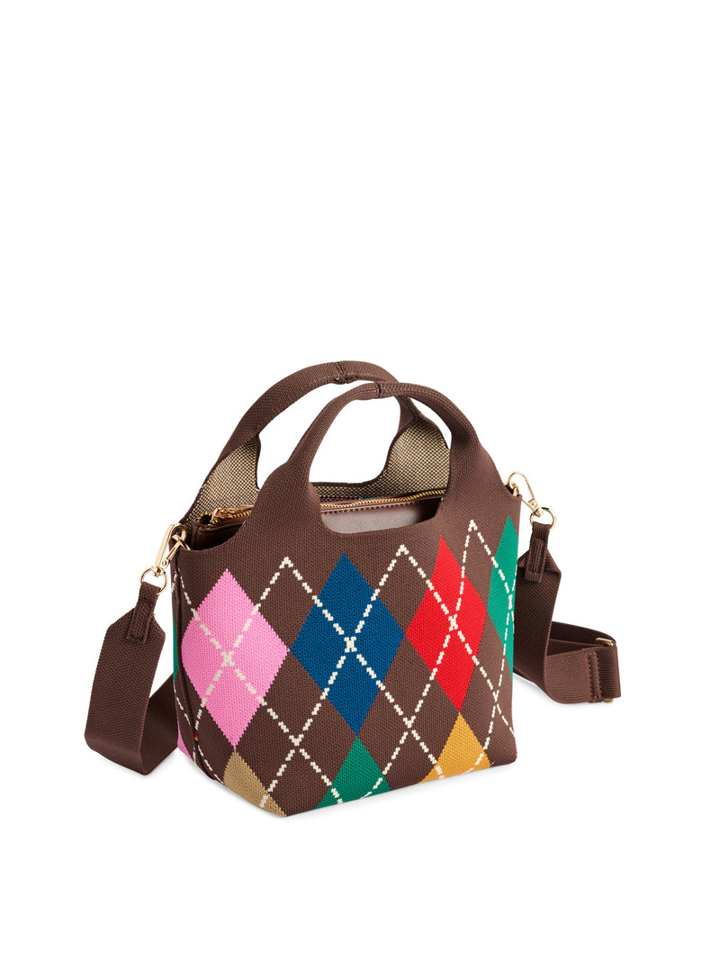 Brown mini tote bag with a colorful oversized argyle knit pattern and adjustable shoulder strap.