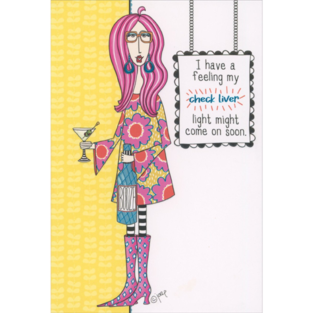 Birthday card featuring a woman with pink hair holding a martini and a bottle labeled 'BOOZE'.