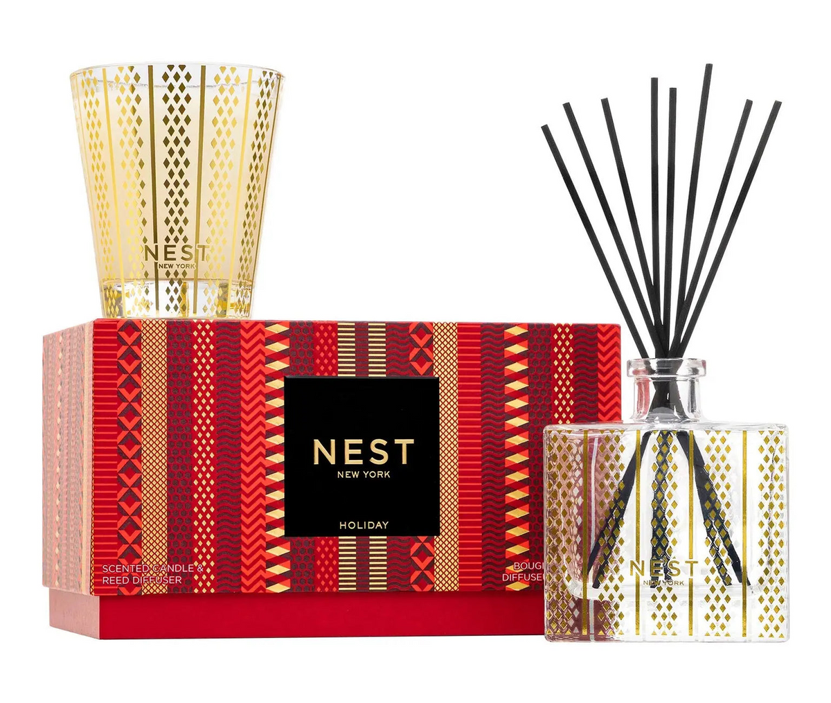 NEST New York Holiday Classic Candle and Reed Diffuser Set in a red patterned gift box.