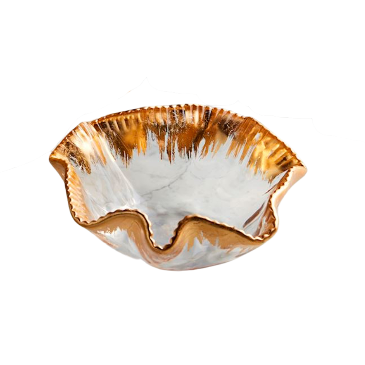 Glass ruffle bowl with a fluted hand-painted gold edge and a white marble-patterned interior.