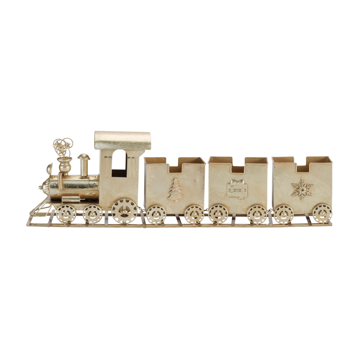 Gold metal Christmas train on tracks with three decorative cars featuring holiday motifs.