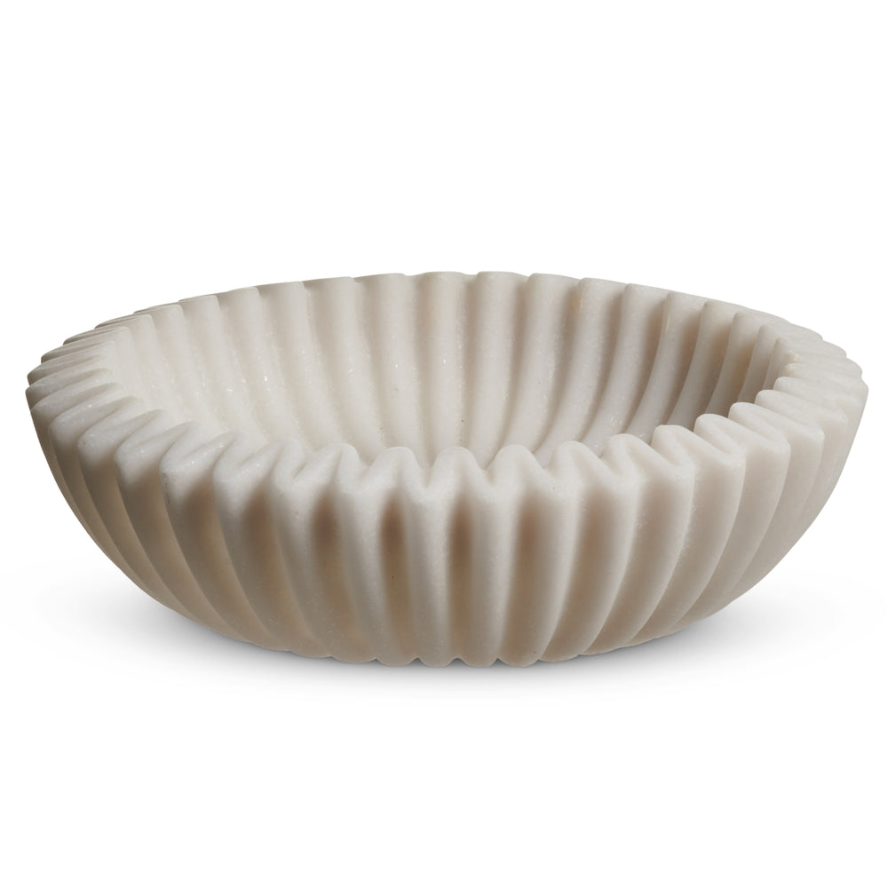 8-inch ruffled marble bowl with stone powder texture in white and gray pattern.
