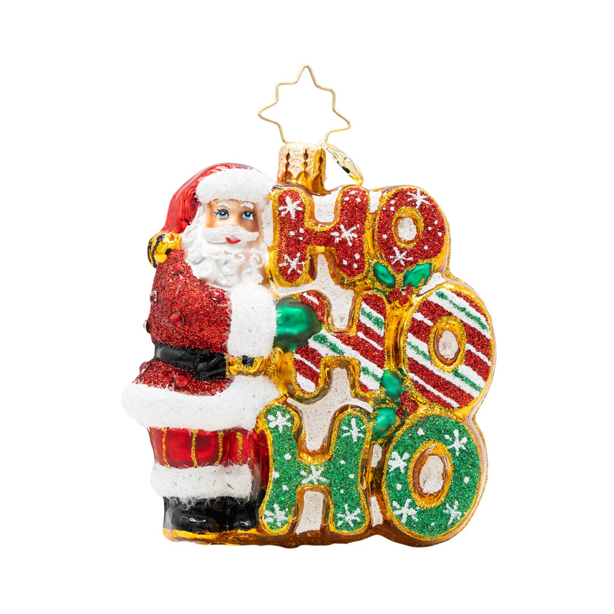 Glass Santa ornament standing next to glittery red, striped, and green "HO HO HO" letters.