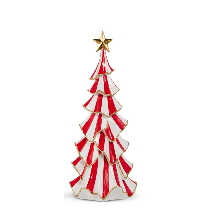 Red and white striped ruffle Christmas tree decoration with gold trim and a gold star topper.