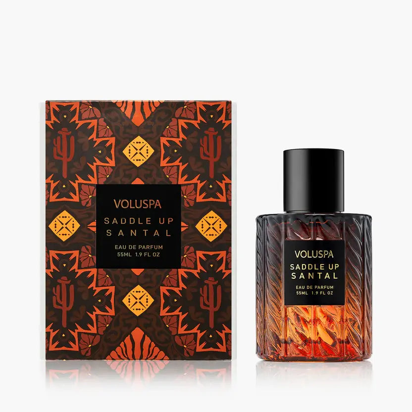 Saddle Up Santal 55ml Eau De Parfum bottle with a minimalist label and dark liquid visible through clear glass.