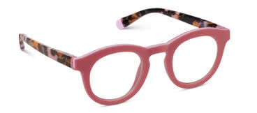 Saffron eyeglasses in strawberry pink botanico with patterned temples and matte frame.