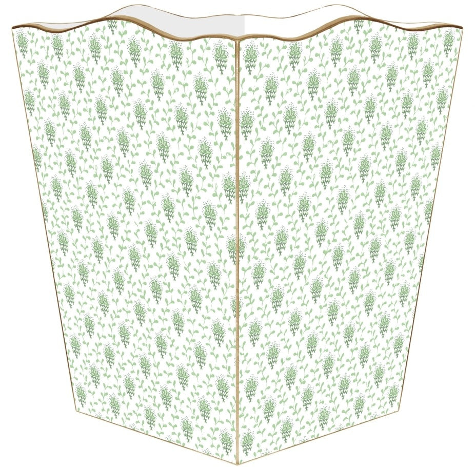 Gold scalloped wastepaper basket with water-resistant exterior.