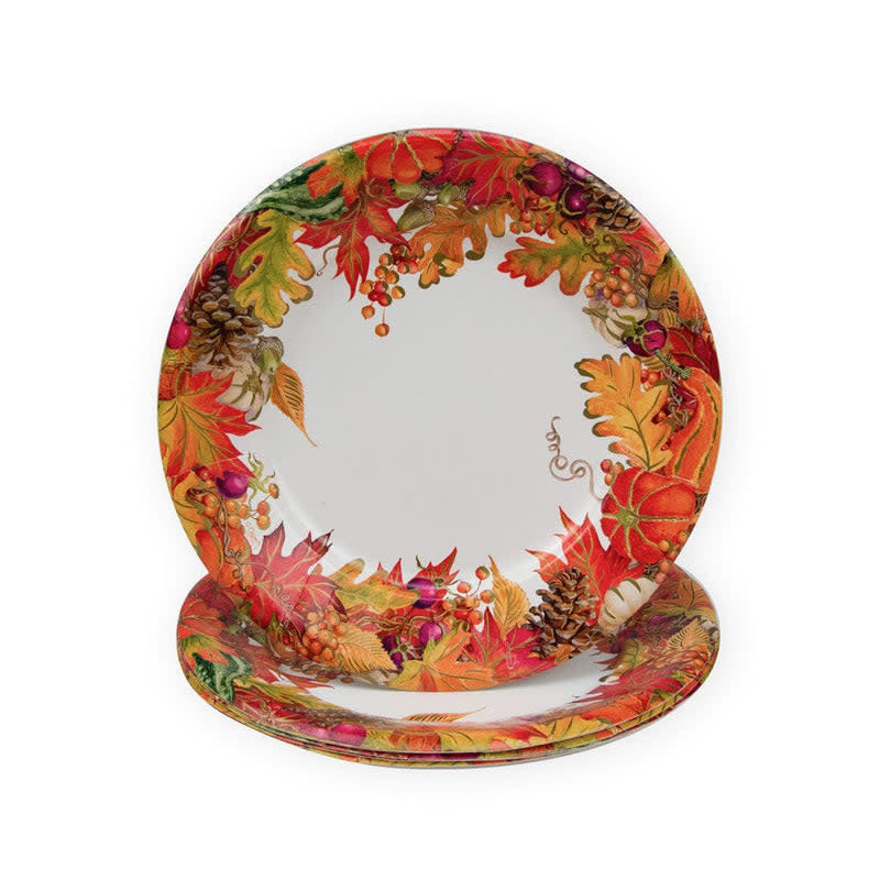 Square white paper salad plate with a subtle harvest garland leaf pattern printed in green.