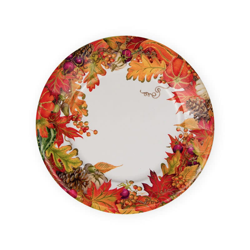 Square white paper salad plate with a subtle harvest garland leaf pattern printed in water-based dyes.