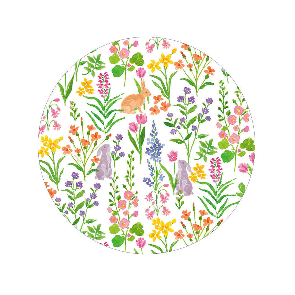 Square paper salad plates with a bunny field print in water-based dyes.