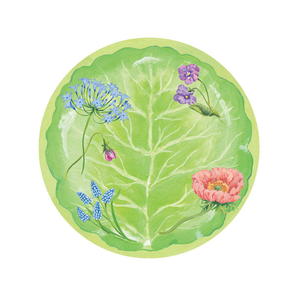 Square paper salad plates with a floral Majolica-style blue and white pattern.