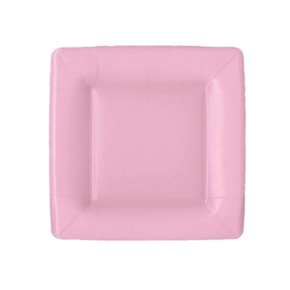 Square paper salad plates in light pink with a grosgrain pattern texture.