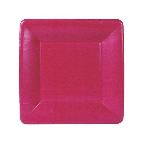 Square paper salad plates with a rose-colored grosgrain border pattern.