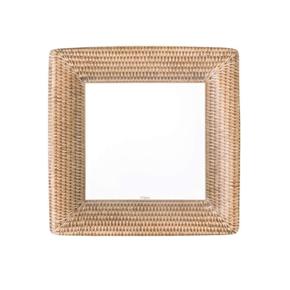Square paper salad plates with a rattan weave pattern in natural beige tones.