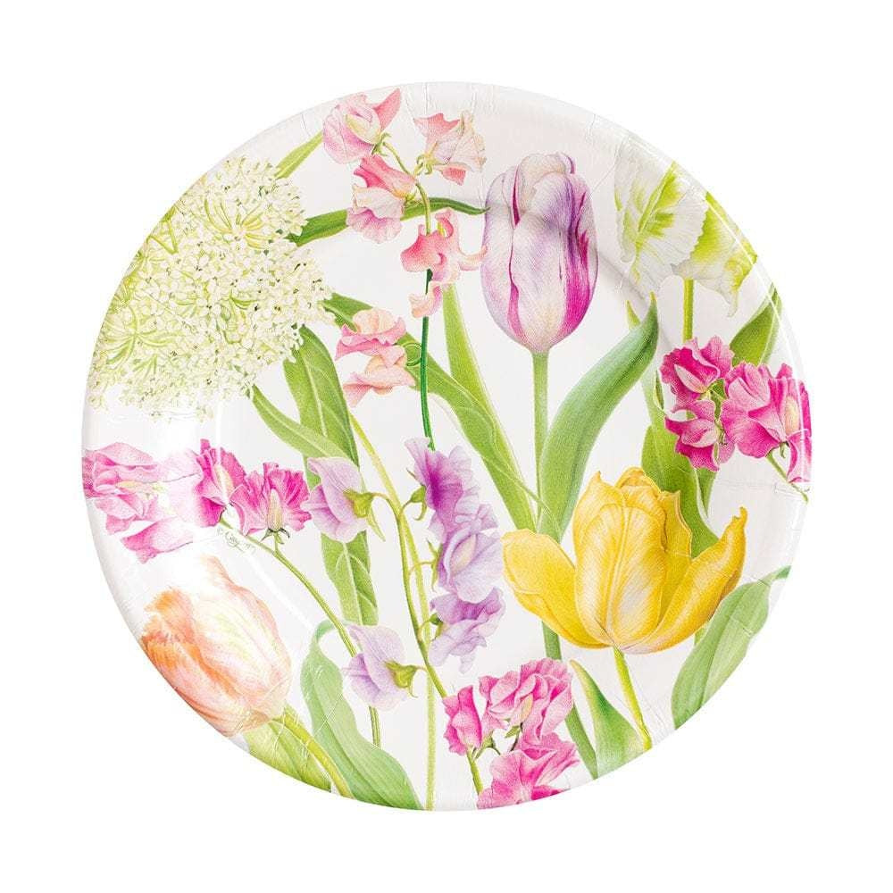 Square paper salad plates with a spring flower show print in pink and green.