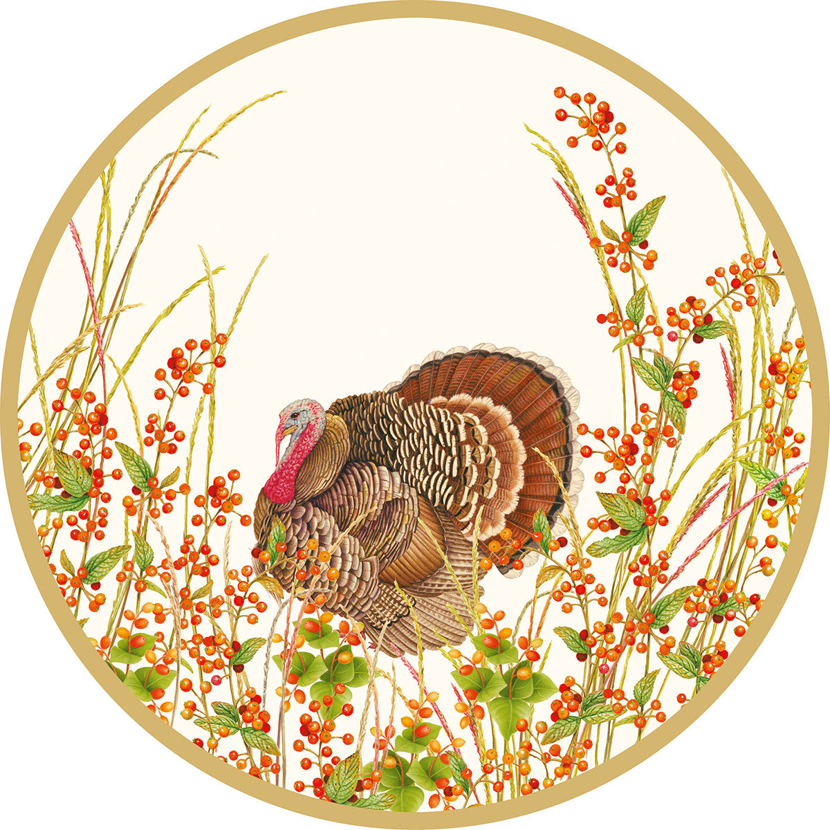 Square turkey-patterned paper plates with berry accents designed to resemble fine porcelain dinnerware.
