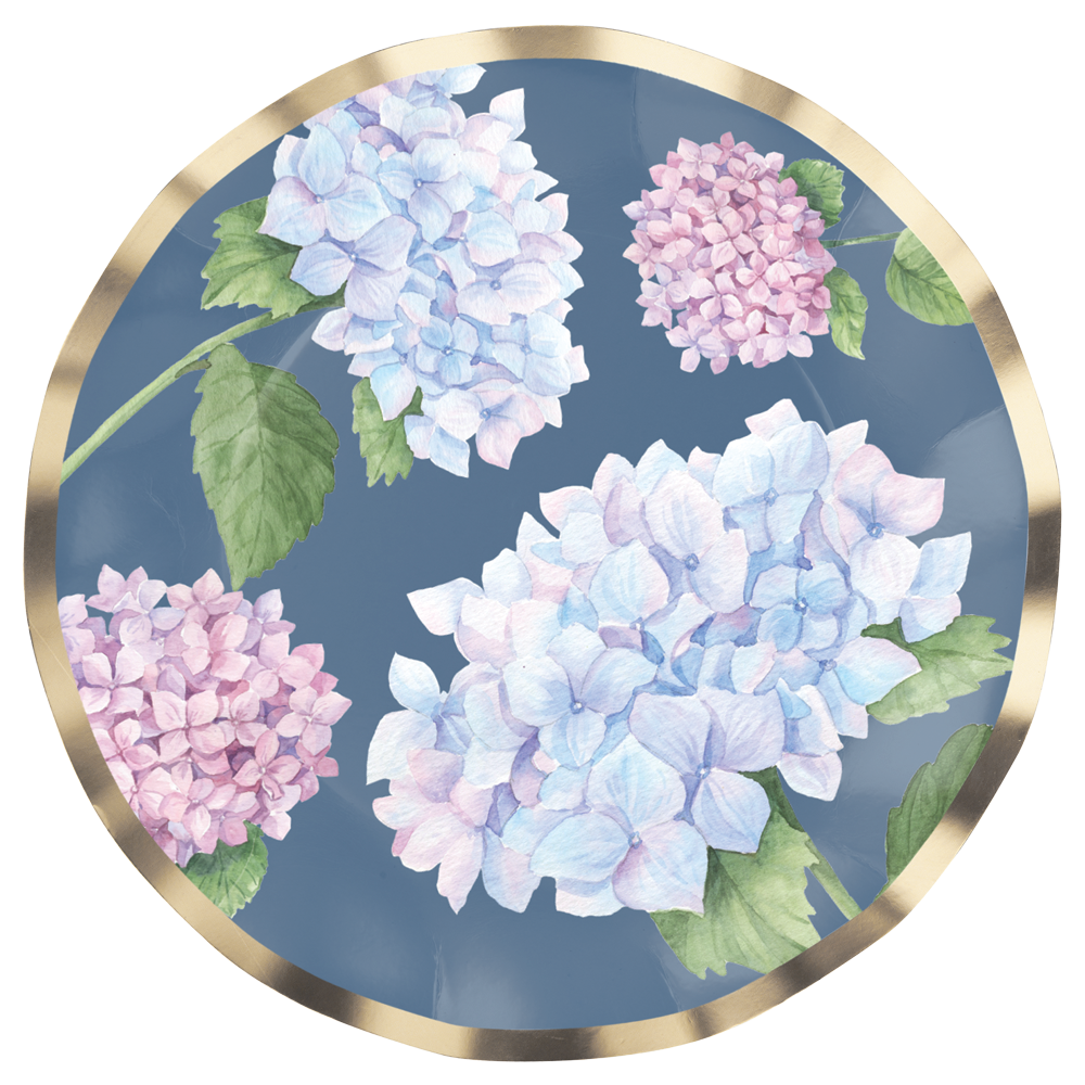 Blue paper salad plate with pink hydrangea flowers on a serene blue background featuring ruffled foil edges.