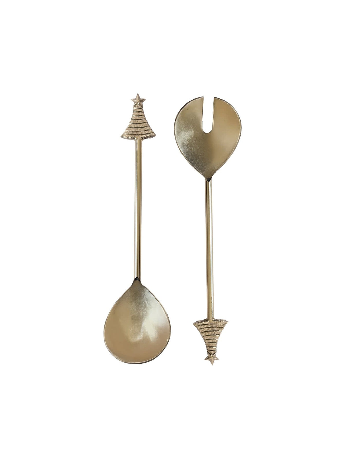 Two gold aluminum salad servers with tree-shaped tips on a white background.