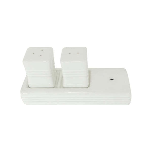 Salt and pepper shakers with black pinstripe pattern on white ceramic