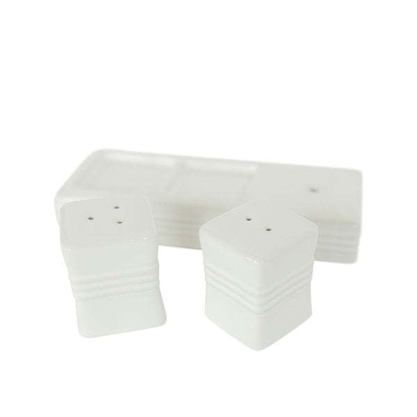 Salt and pepper shakers with black pinstripe pattern on white ceramic bodies.