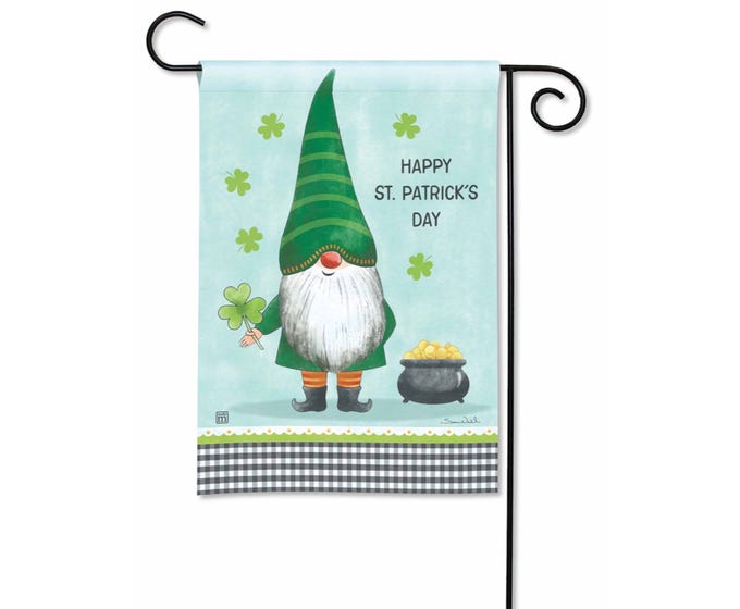 Garden flag with a St. Patrick's Day gnome, shamrocks, and a pot of gold.