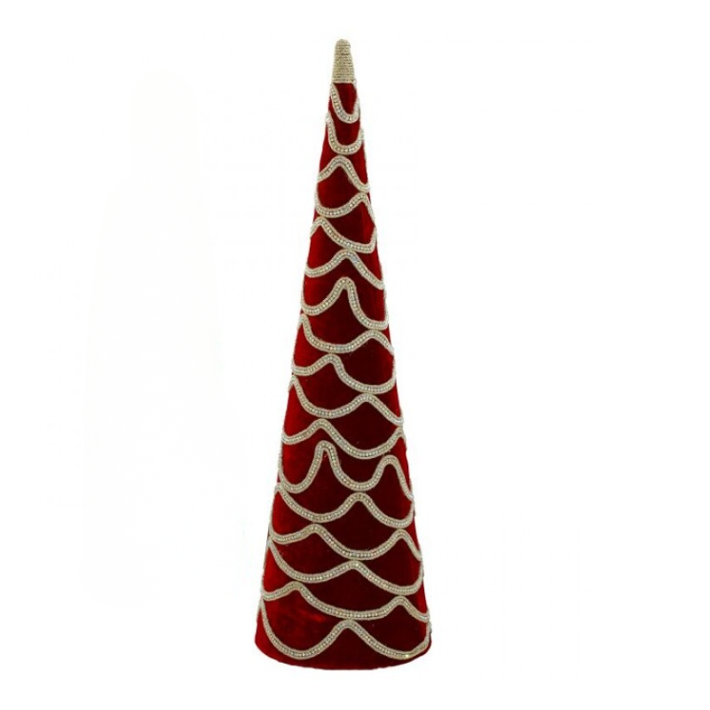 Red velvet cone tree with wavy rows of shimmering jewel embellishments.