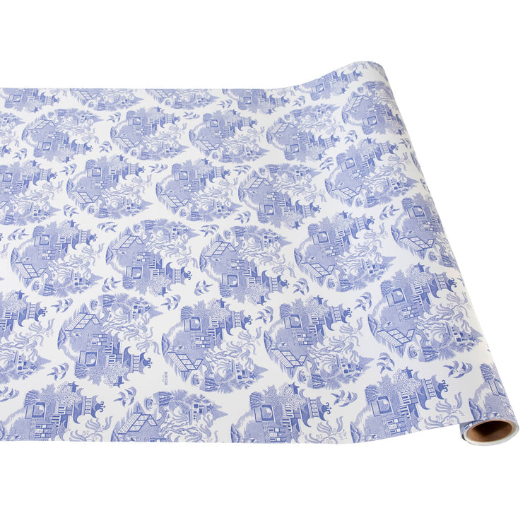 Blue Willow runner rug with classic floral vine pattern on light blue background