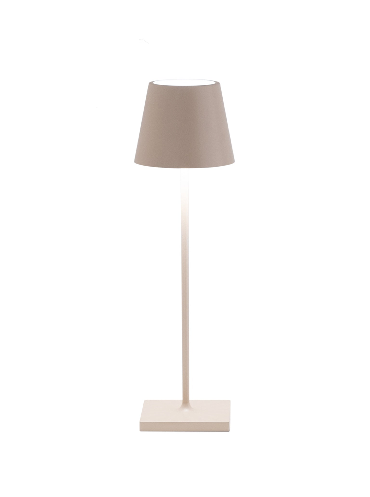 Poldina Pro table lamp with die-cast aluminum body in sand finish featuring a square base and translucent top.