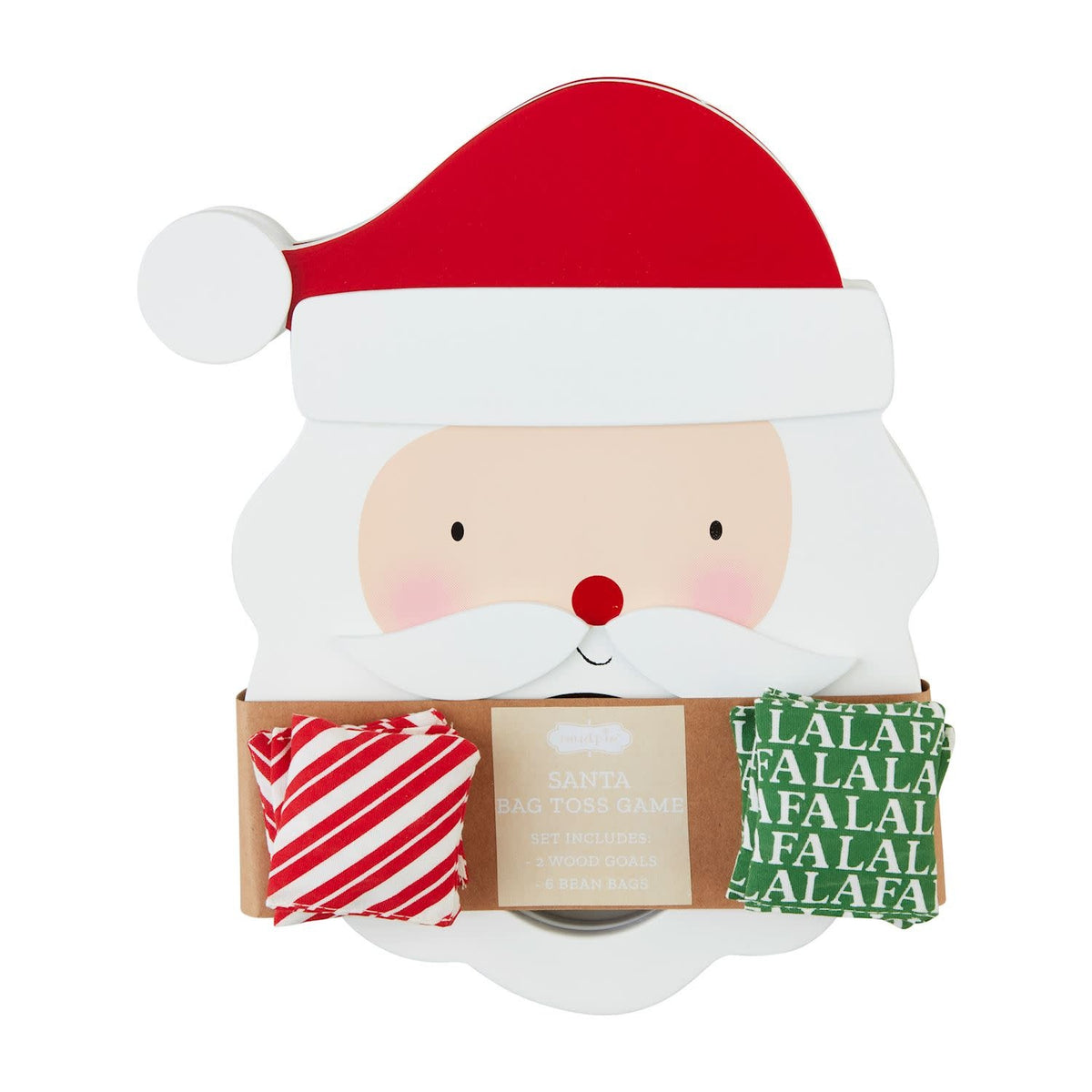 Two wooden Santa-shaped goals with six bean bags for a festive toss game.