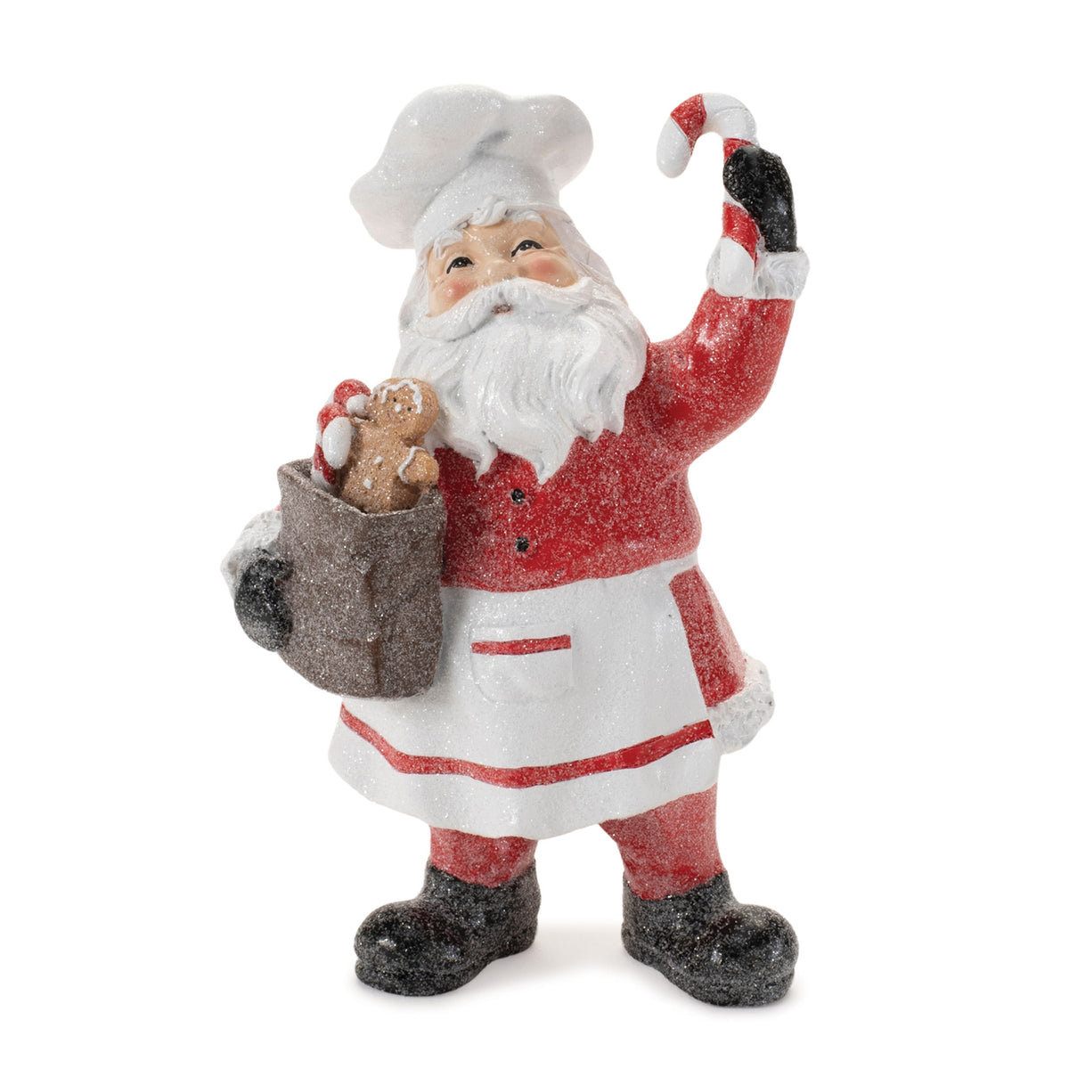 Resin Santa Baker figurine in festive red with white trim standing on a base.
