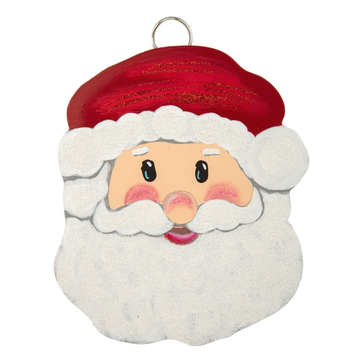 Red Santa charm ornament with white beard detail hanging from a gold loop.