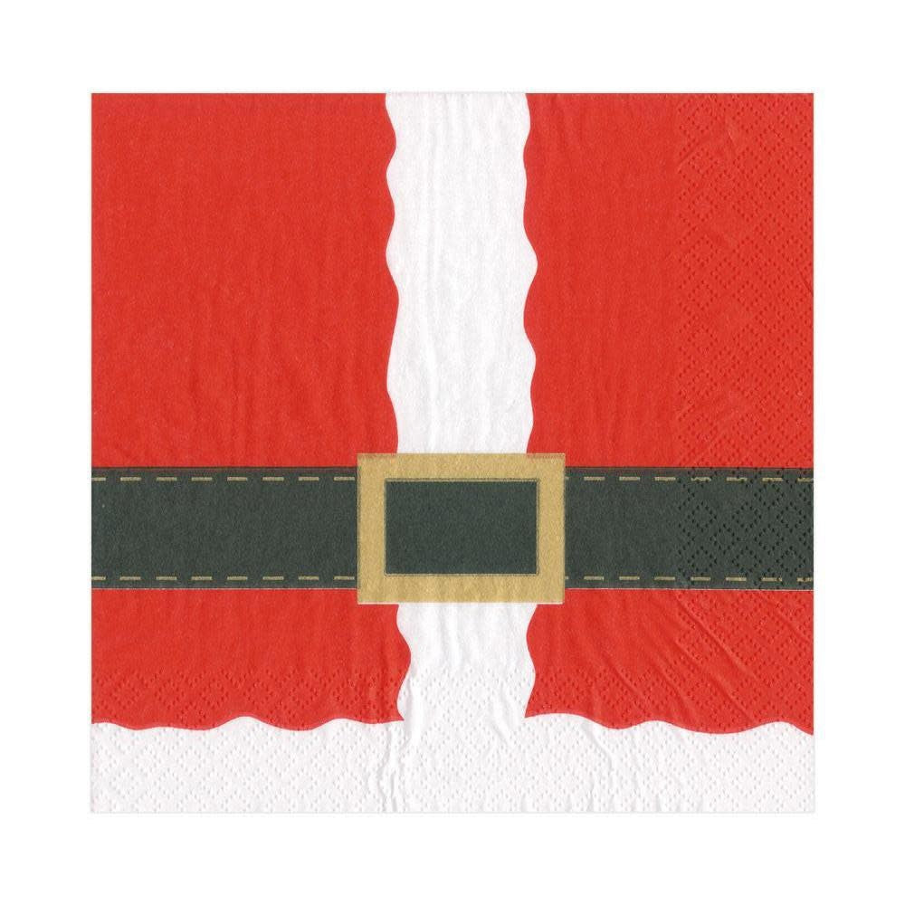 Triple-ply paper luncheon napkins featuring a festive Santa costume pattern in red and white.