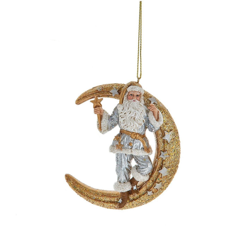 Santa on metallic gold moon ornament