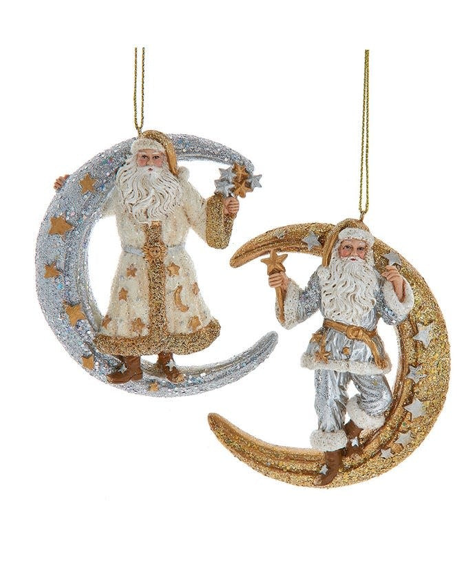 Resin Christmas ornament featuring Santa Claus standing on a metallic moon with intricate detailing.