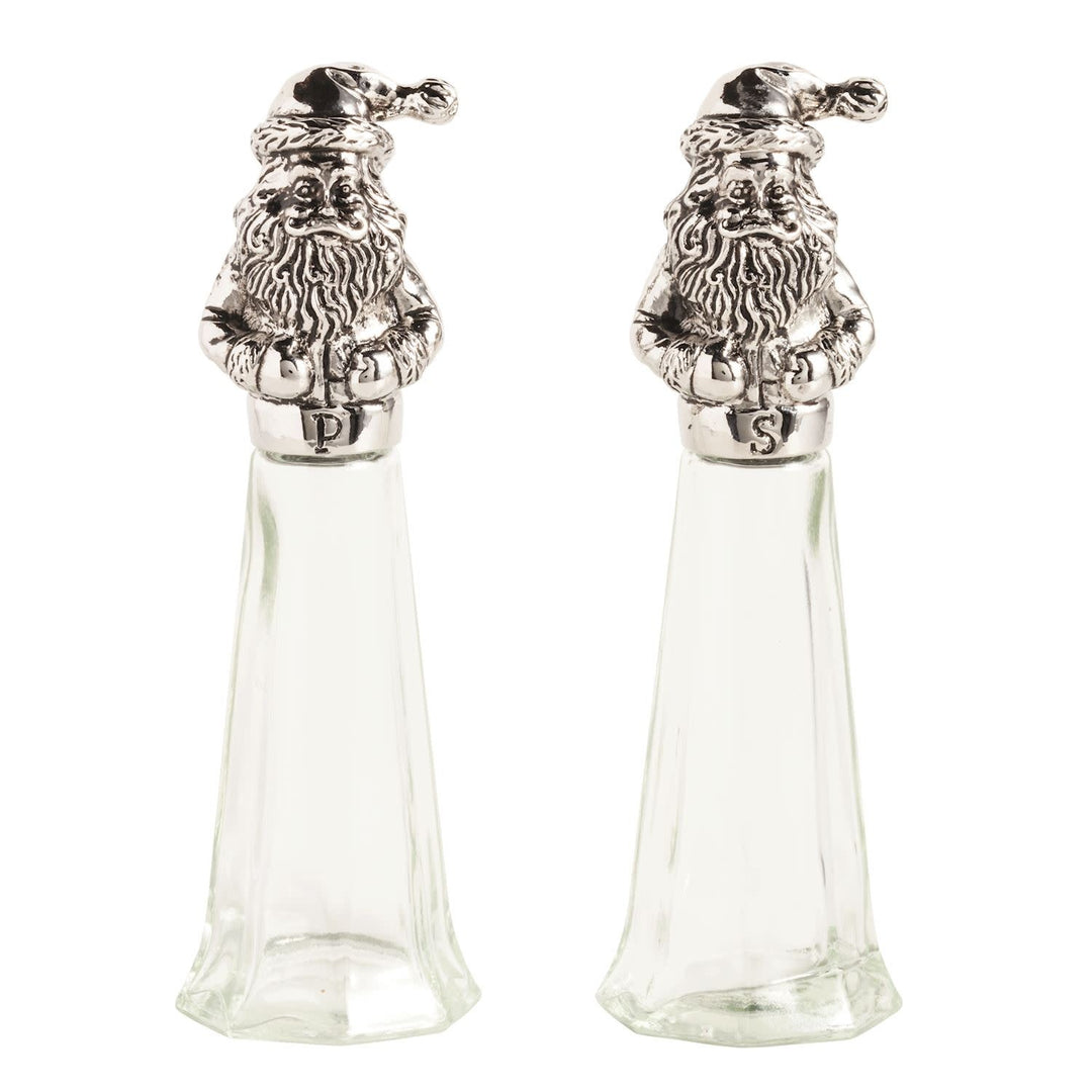 Glass Santa salt and pepper shakers with cast aluminum accents.