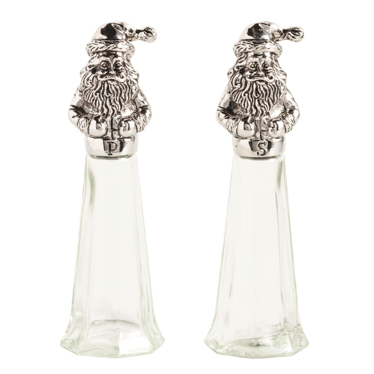 Glass Santa salt and pepper shakers with cast aluminum accents.