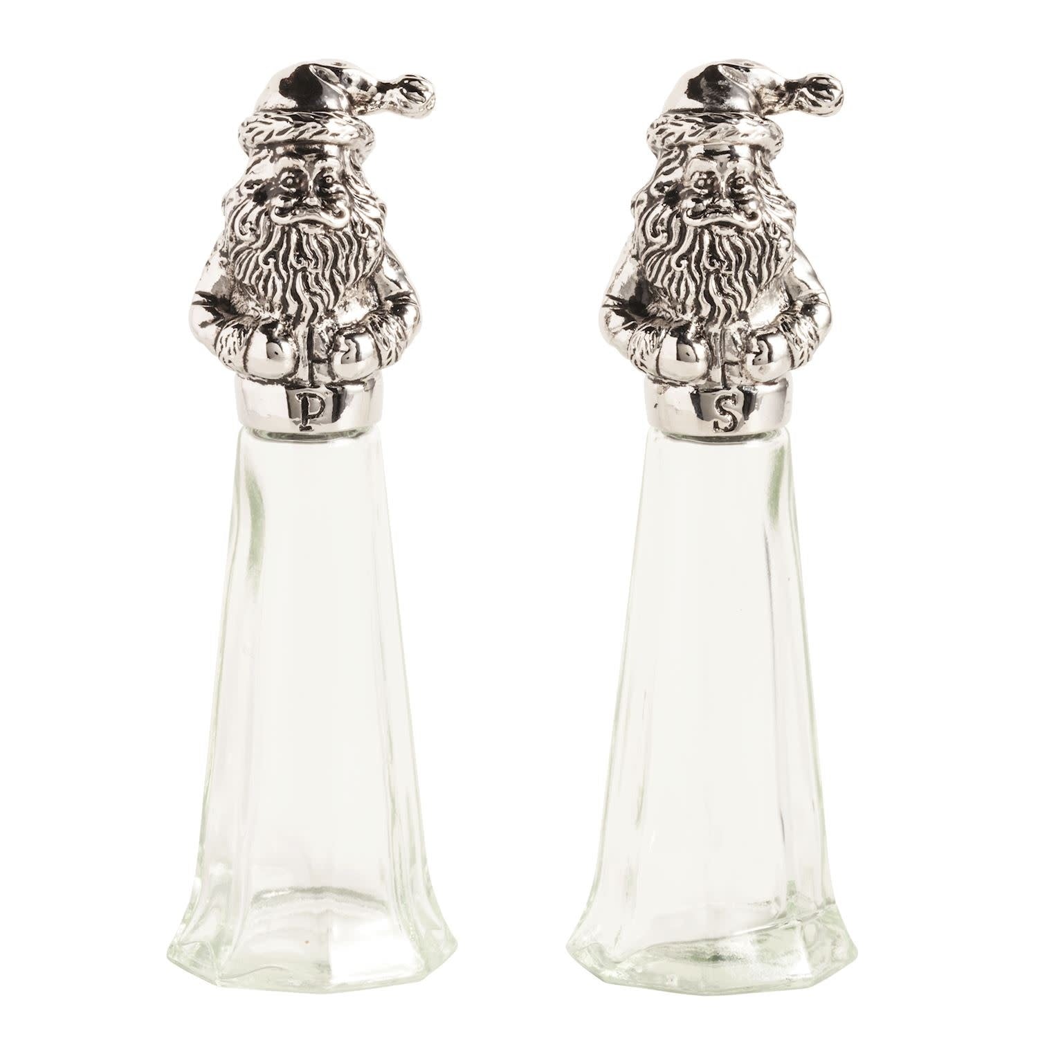 Glass Santa salt and pepper shakers with cast aluminum accents.