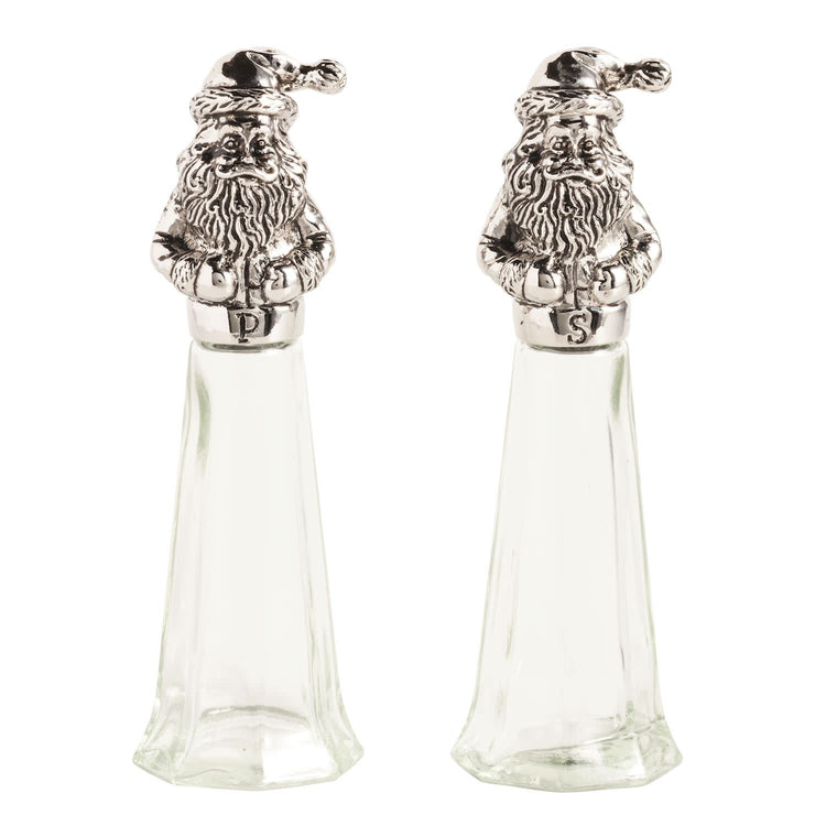 Glass Santa salt and pepper shakers with cast aluminum accents.