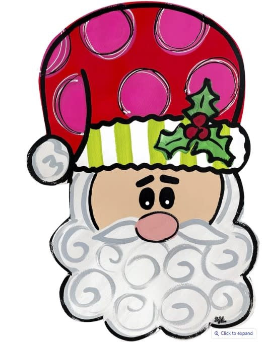 Wood door hanger featuring Santa Claus on a green polka dot background